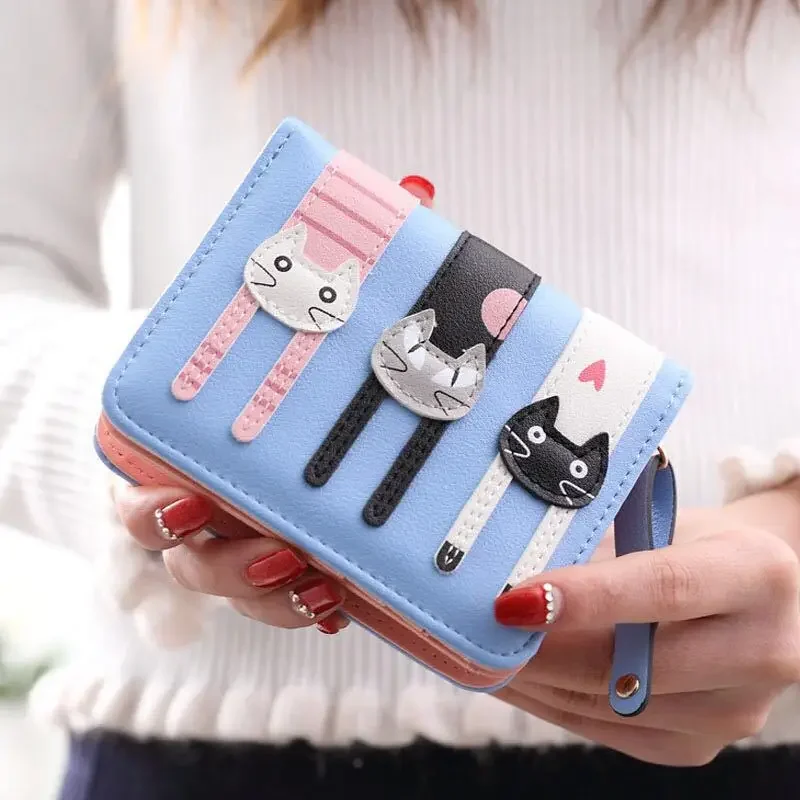 Women\'s Purse Short Cute Cat Print Mini Two-fold Folding Coin Purse Delicate Fringe Multi-functional Student Girls Teen Wallet