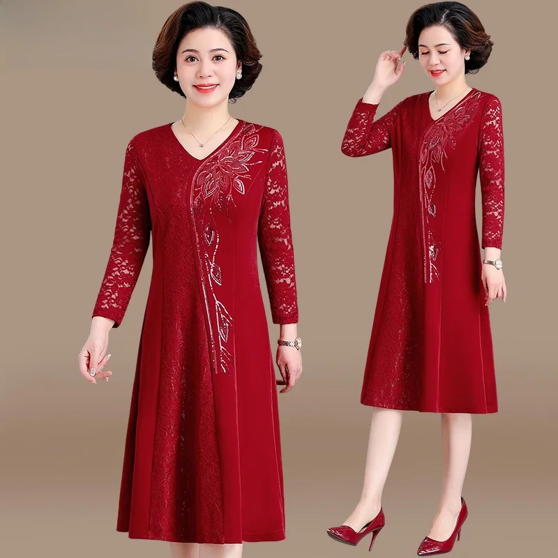 

Ele Midlife Mom Wedding Dr Autumn Wear for Wedding Banquet High-Quali Polyester Fiber Loose Fit V-Ne Midi Dr