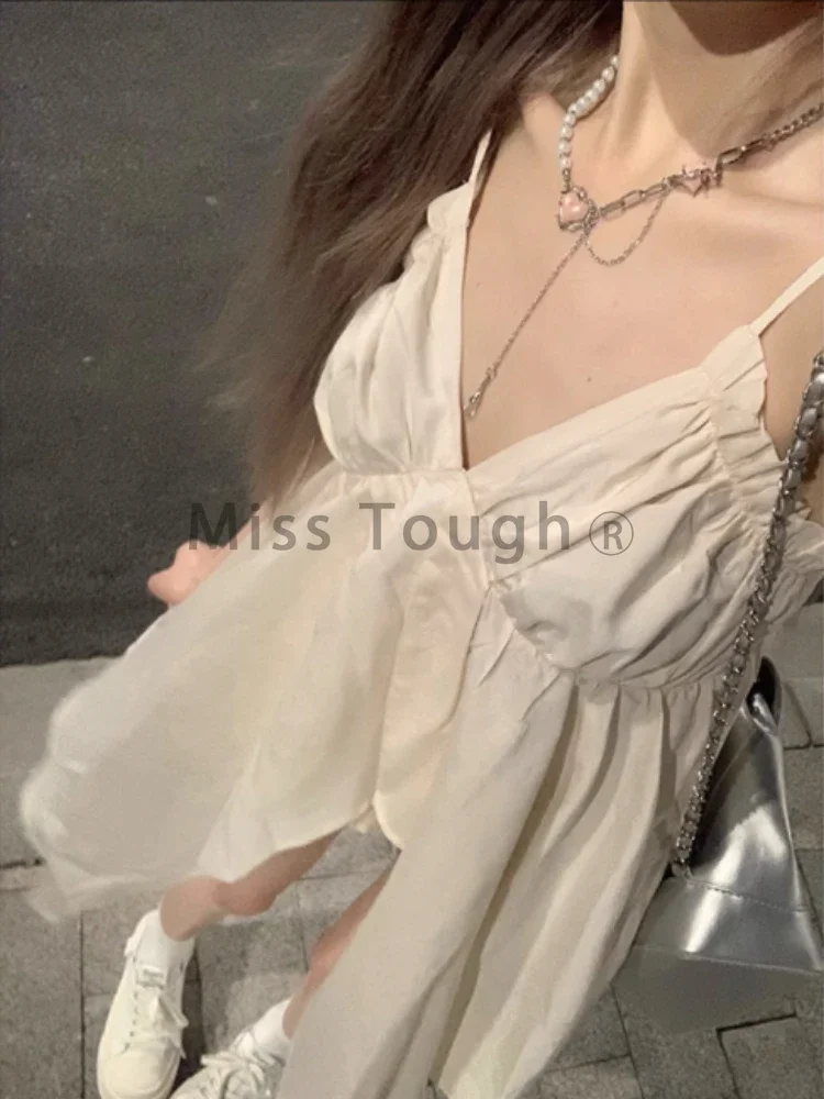 Summer Vintage Fashion Ruched Camisole Women Halter Sweet Fairy Loose Crop Top Female Korean Style Sexy Design Aesthetic Camis