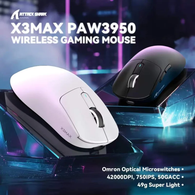 ATTACK SHARK X3 MAX Wireless Gaming Mouse 49g Ultralight PixArt PAW3950 42000 DPI Tri-Mode BT 5.4/2.4GHz/USB-C 1K Polling Rate