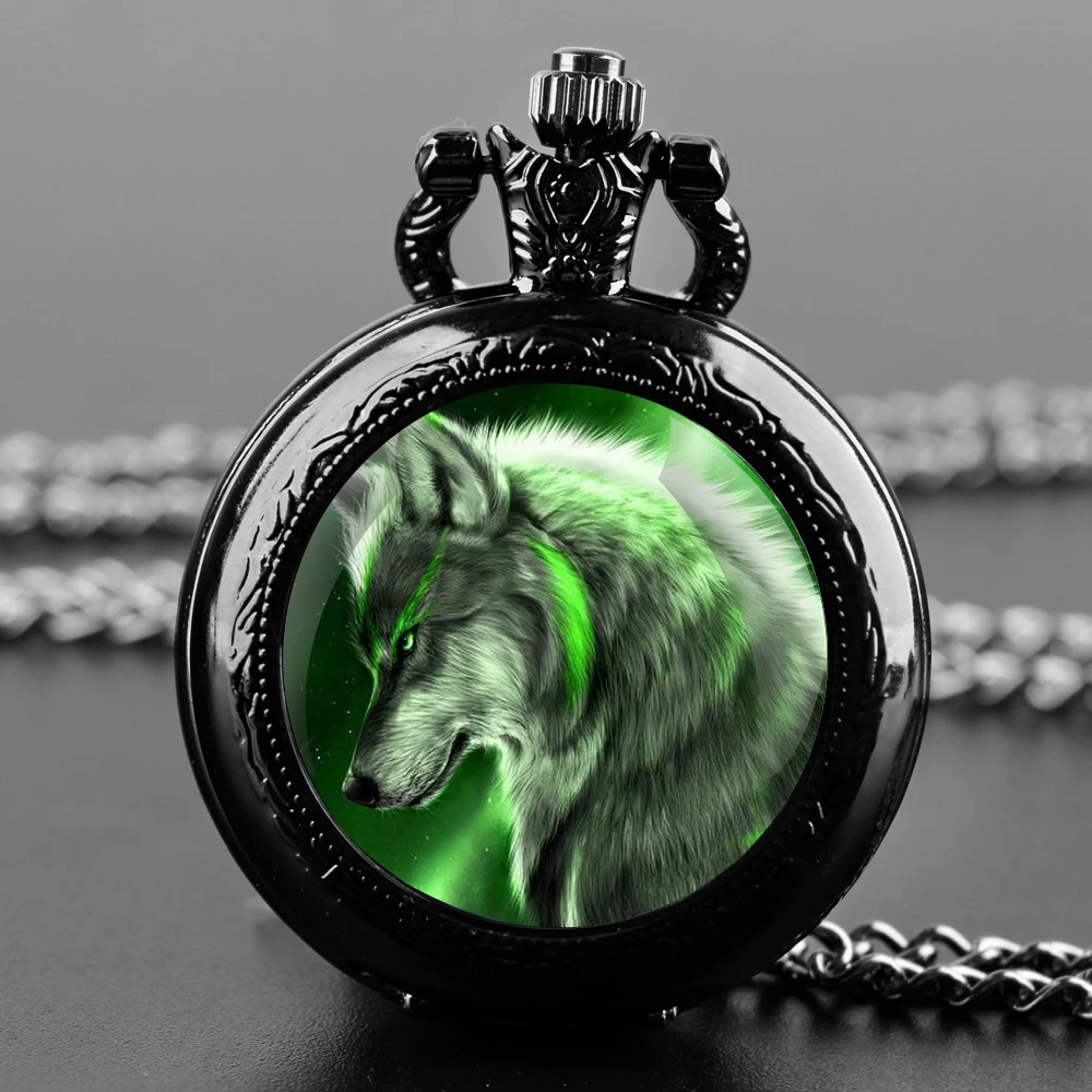 Montre de Poche à Quartz pour Homme et Femme, Design Loup Vert, Verre avant, Cadran Numérique Arabe Durable, Cadeaux Créatifs