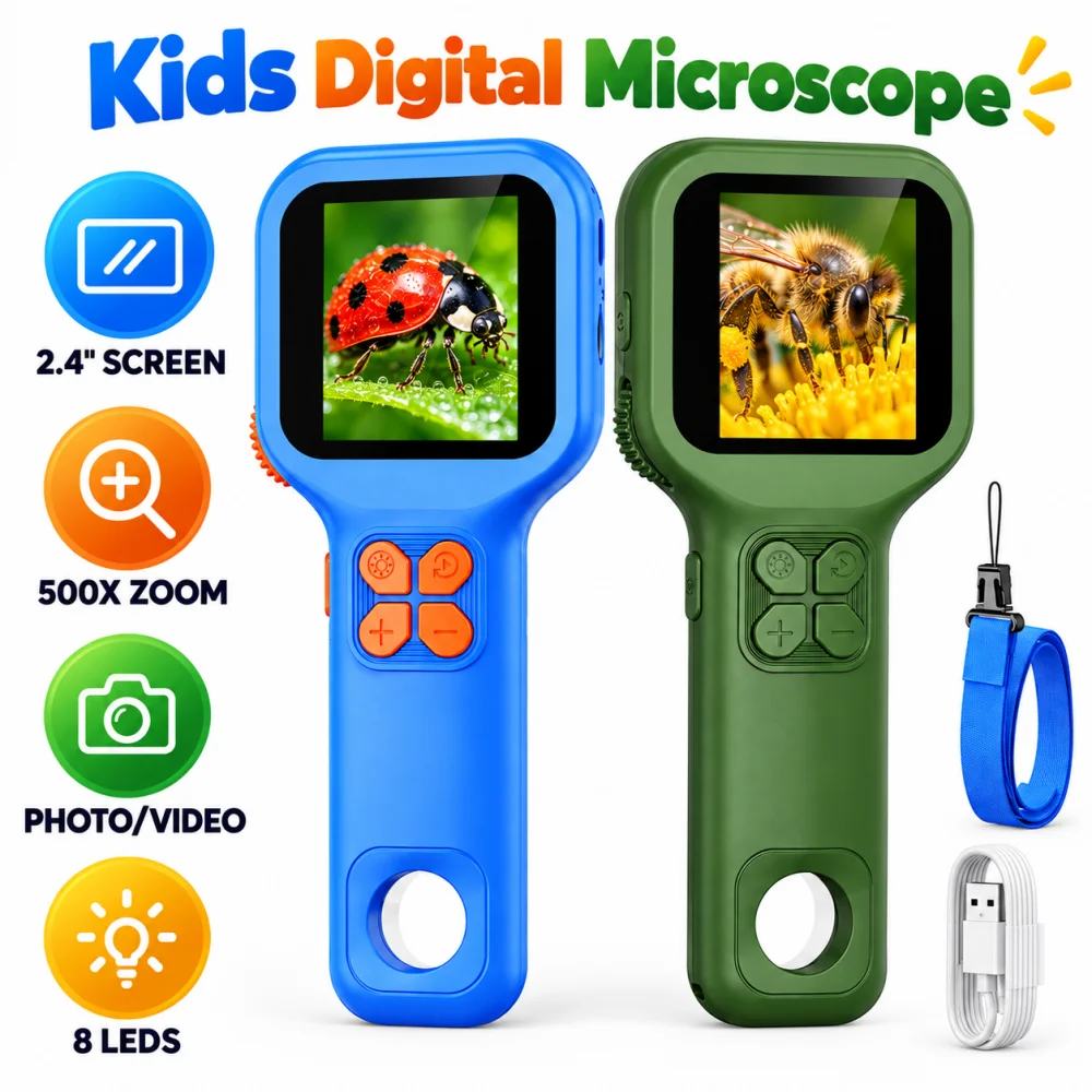 500X Optical Microscope for Kids 2.4 Inch Digital Screen Handheld Magnifier with 8 LED Lights Photo Video Science Exploration