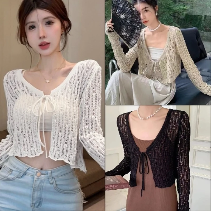 

Hollow Out Lace Up Knitted Cardigan Women Summer Sun Protection Sunscreen Clothes Air Conditioned Cropped Top