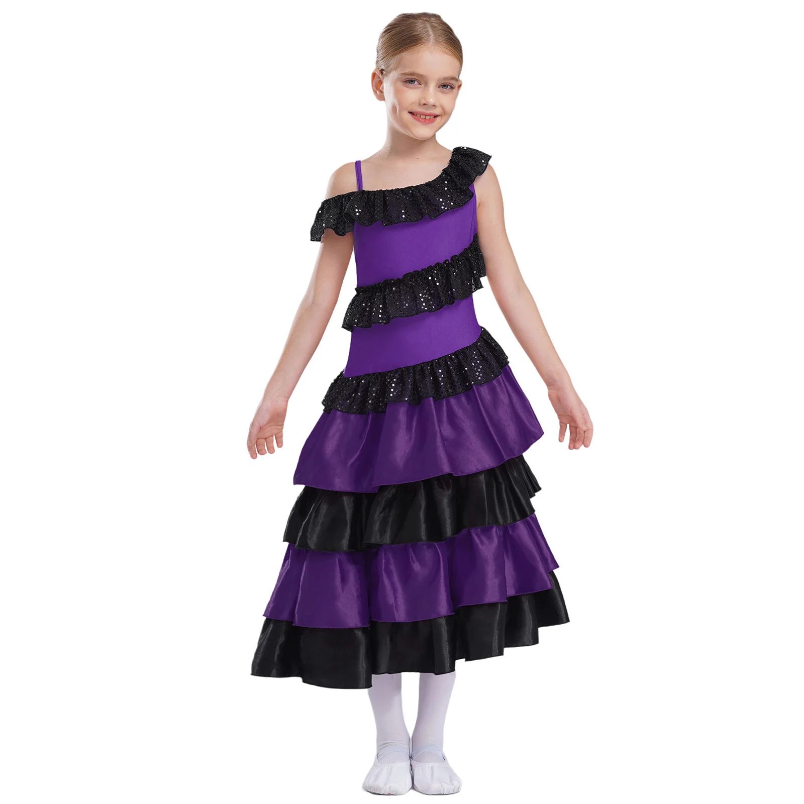 Vestido Flamenco Mädchen Spanisch Tanzkleid Tiered Rüschen Kostüm Dancewear Satin Spanien Stierkampf Performance Flamenco Kleid