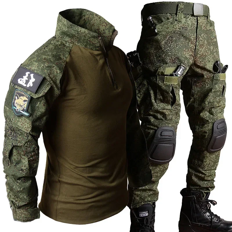 RU Camo Taktische Sets Männer Im Freien Atmungsaktive Langarm T Shirts + Multi-tasche Gerade Cargo Hose 2Pcs anzug Training Kampf Set – Detail 4
