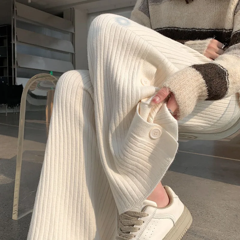 

2024 Autumn and Winter New Split Knit Wide-leg Pants Women's High Waist Drop Casual Loose Straight Leg Mopping Trousers LJ333