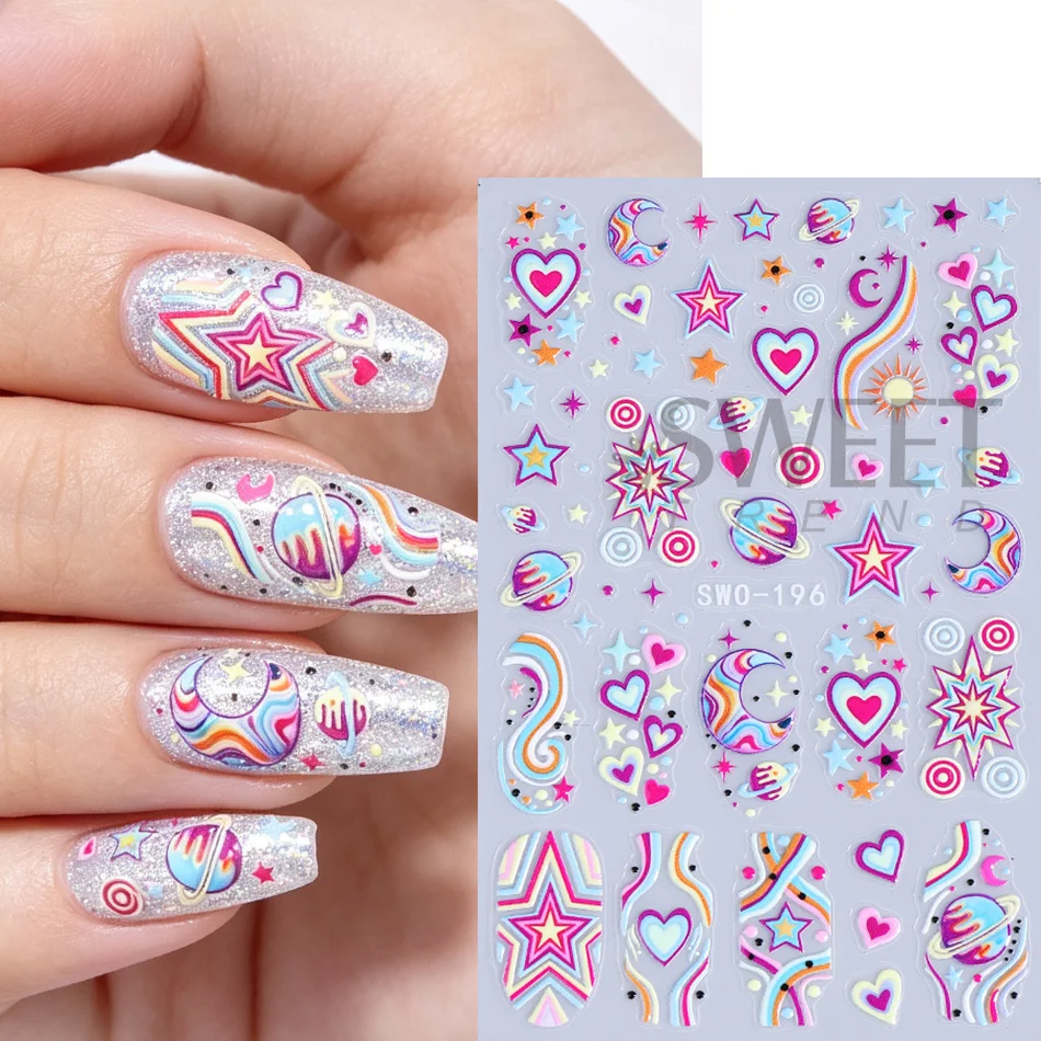 2 Stück Y2K Bunte Planeten-Stern-Herz-Nagelaufkleber Regenbogen-Mond-Galaxie Selbstklebende Nagelsticker DIY Maniküre-Dekoration Slider – Detail 4