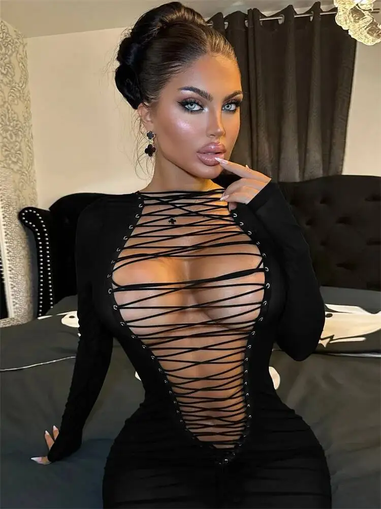 kliou Coquette Cleavage Women Mini Dress Sexy Hot Distrawing Full Sleeve O-neck Body-shaping Vestidos Mujer Trend Midnight Frock