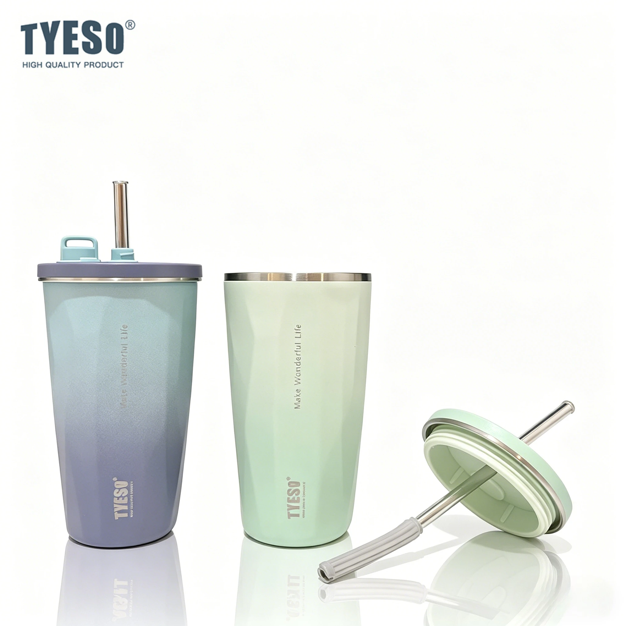 Tyeso 600ML Stainless Steel Coffee Cup With Straw Gradient Color Insulated Water Bottle Car Thermos Mug Cold Drink Vacuum Cup