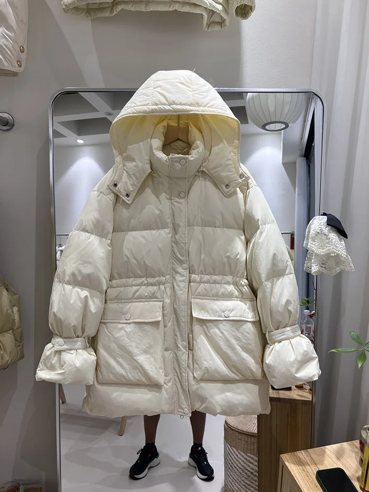 Women's middle and long hooded down jacket winter 2025 new fashion design sense big pocket loose white duck down coat