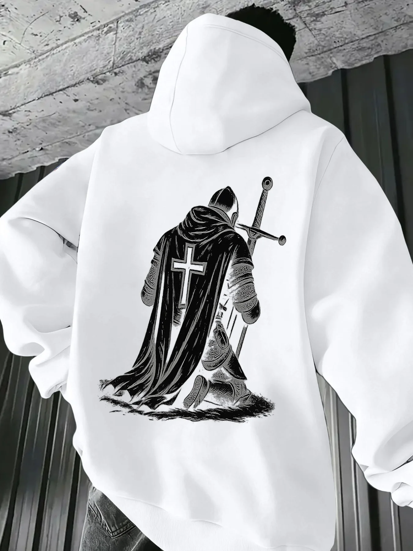 Fashion Cross Print Men Hooded Sweatshirt Autumn Winter Daily Outdoor Sports Loose All Build Fitness Leisure Warm Street Style