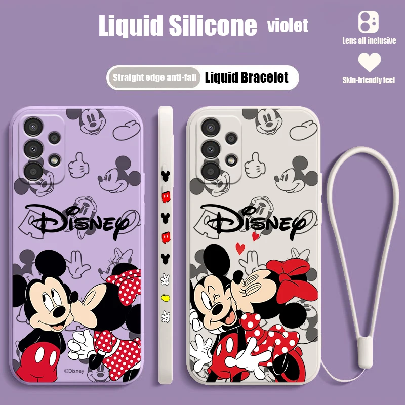 Mickey Minnie Mouse For Samsung A24 A34 A14 A52S A54 A23 A13 A73 A22 A02 4G 5G Liquid Left Rope Phone Case