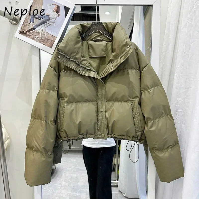 Neploe PU Leather Down Cotton Jacket for Women 2024 Winter New Stand Collar Zipper Coat Y2k Long Sleeve Straight Tops Mujer