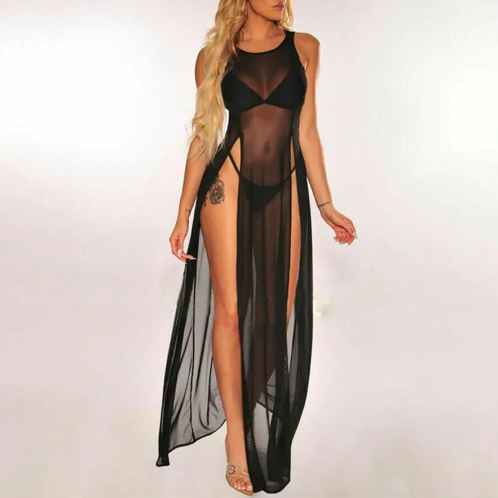 Vestido playero de malla transparente para mujer, Túnica Sexy con abertura alta para cubrir Bikini, traje de baño de verano, 2024