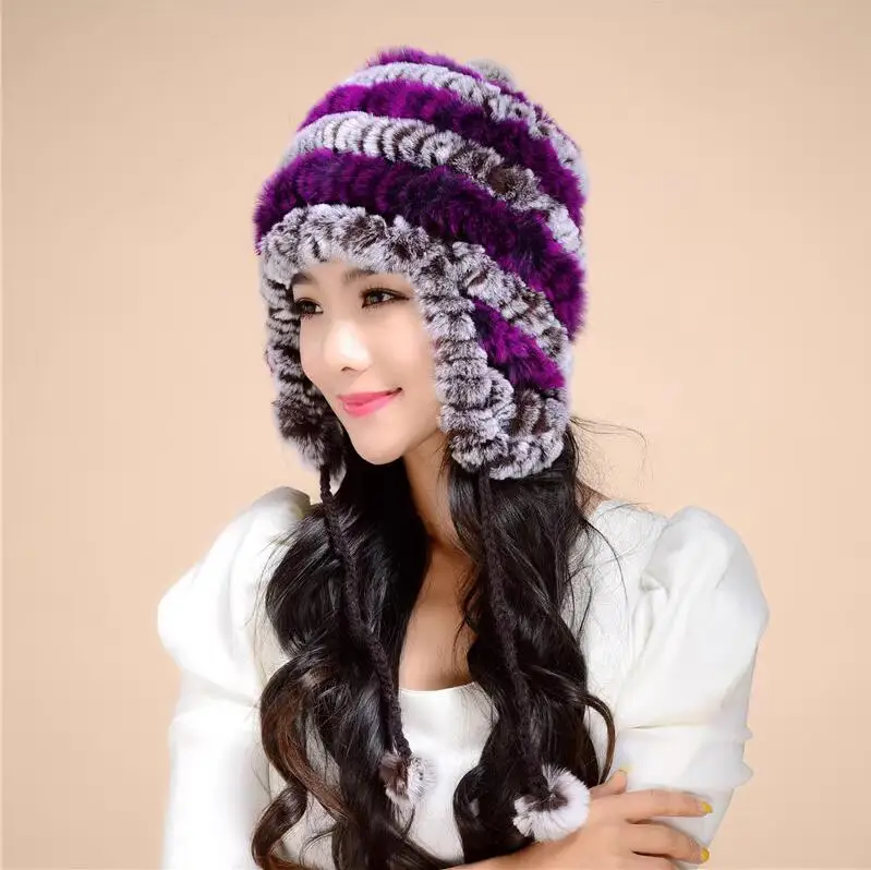 

Winter Real Rex Rabbit Fur Hat with Earflap Women Warm Knitted Outdoor Caps with Fluffy Pompom