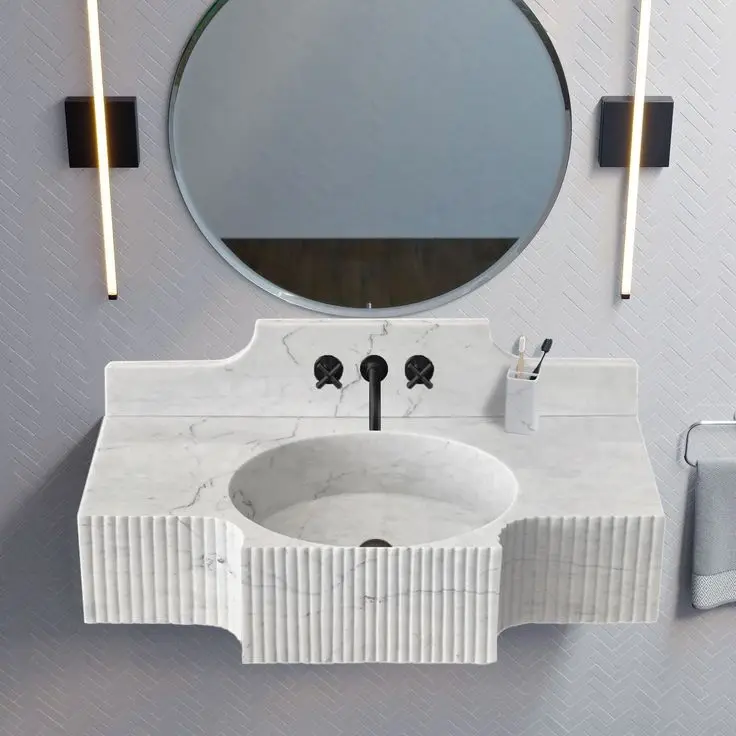 Customized Modern Luxury White Polished Natural Stone Vanity Sink with Drainer for Hotel Apartment Bathroom Decoration