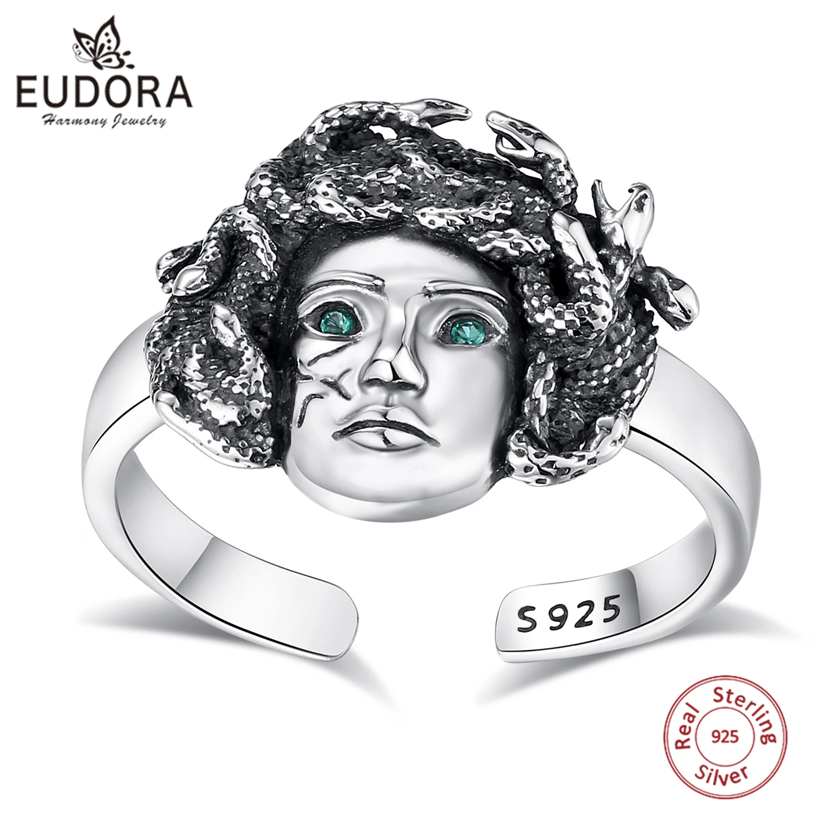 Eudora 925 Sterling Silver Snake Medusa Adjustable Ring Greek Mythology Goddess Ring Witch Jewelry Spiritual Gift for Women Men
