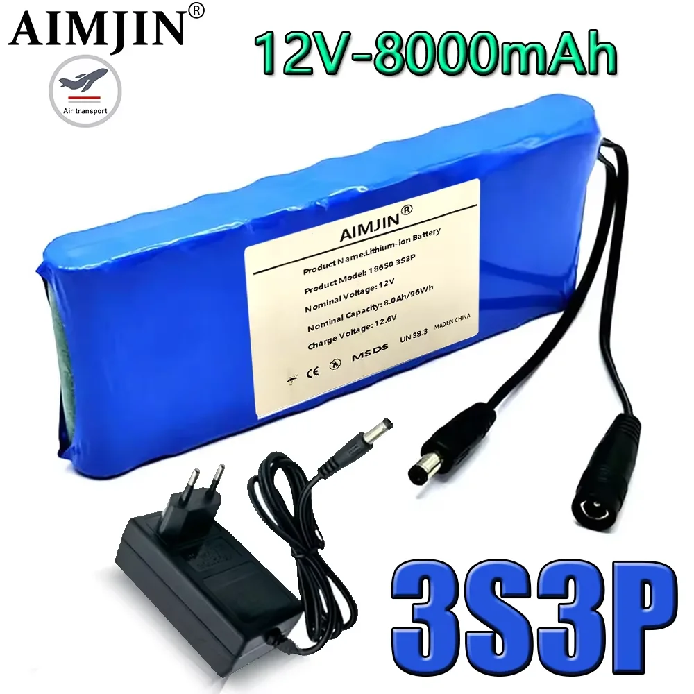 

12V 8Ah 3S3P Battery Pack Lithium ion 18650 12V 8000mAh DC12.6V Large Capacity Rechargeable Battery with BMS