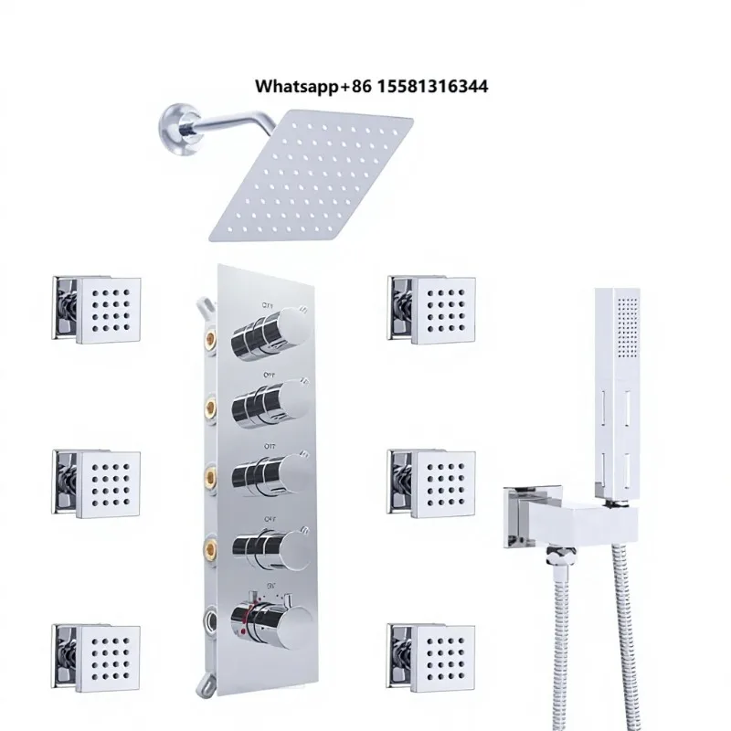 Overhead Shower Set 3 Handle LED 16x32 Inch Ceiling Mount Rainfall 6 Inch Wall Head 4 Function Square Shower Head