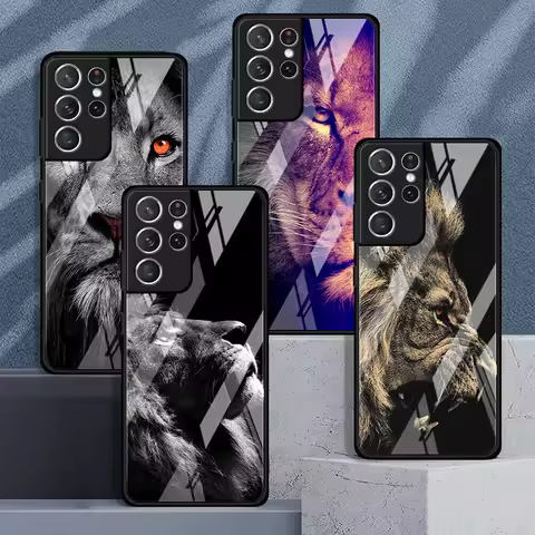 Glass Case for Samsung Galaxy S24 Ultra S23 Plus S25 S20 FE S22 S21 Note 20 Luxury Phone Cover Cool Lion Big Cat