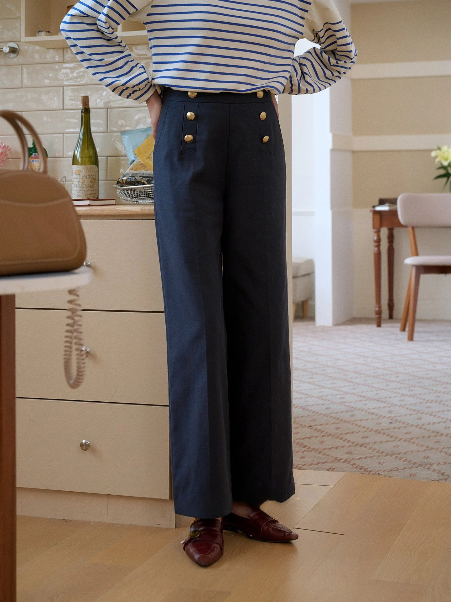 

Ретро-брюки прямого кроя с высокой талией из хлопка с двойной металлической отделкой, женские повседневные удобные дышащие брюки-скинни