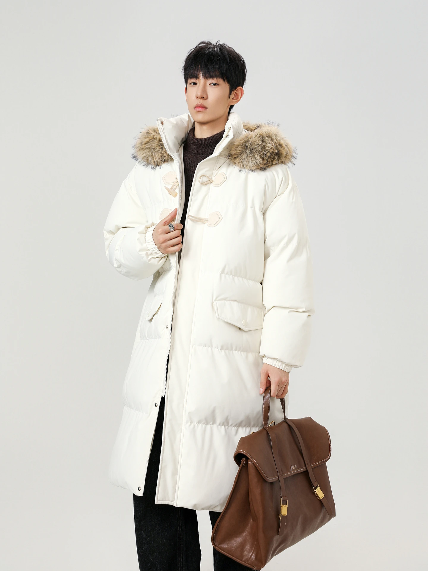 

Trendy Winter Retro Buttoned Hooded Mid-Length Cotton Jaet ex Loose Fur Collar Warmth Youth Cotton Coat for Teens