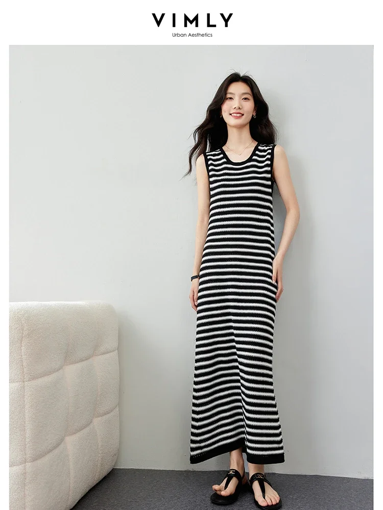 VIMLY Women Sexy Undershirt Sleeveless Knit Striped Dress Summer High Elasticity Casual Loose Slim Straight  Long Dress 73090