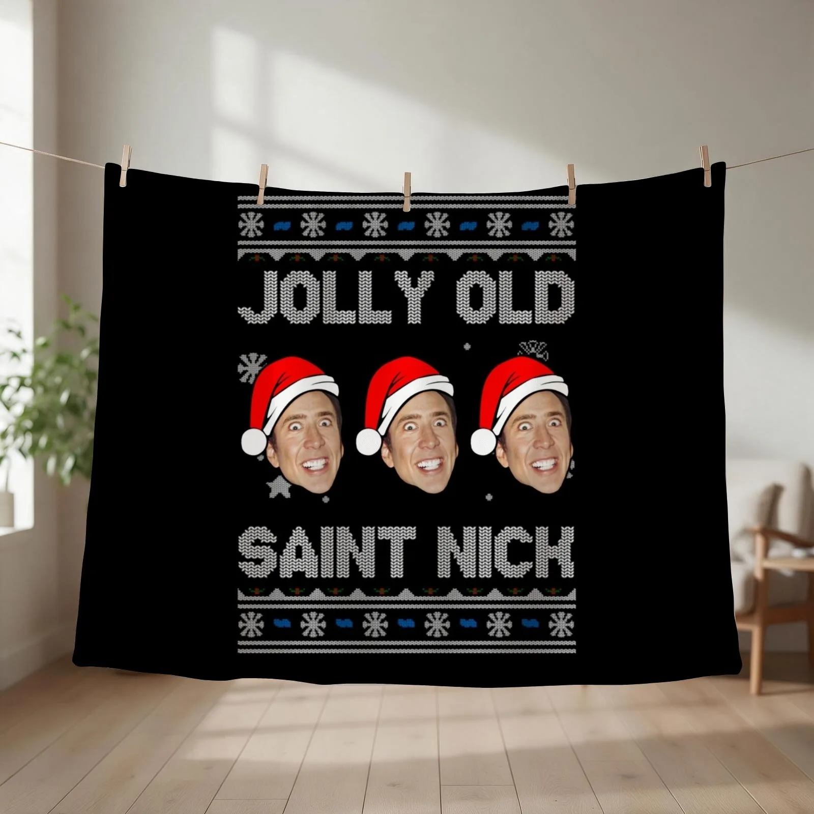 Jolly Old Saint Nick Nicolas Cage Christmas Throw Blanket couch cozy soft plush fuzzy picnic outdoor blanket