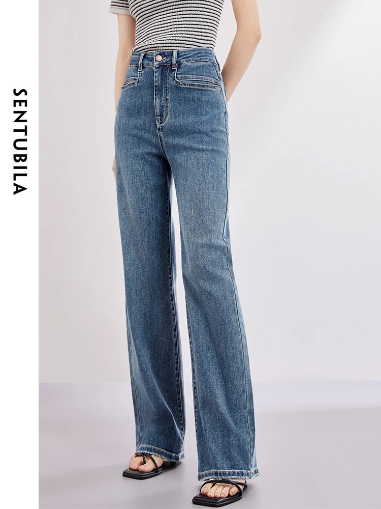 SENTUBILA Cotton 100% Straight Wide Leg Jeans 2024 Spring Fashion Comfort Washed Denim Pant Casual Womans Trousers W41N53686