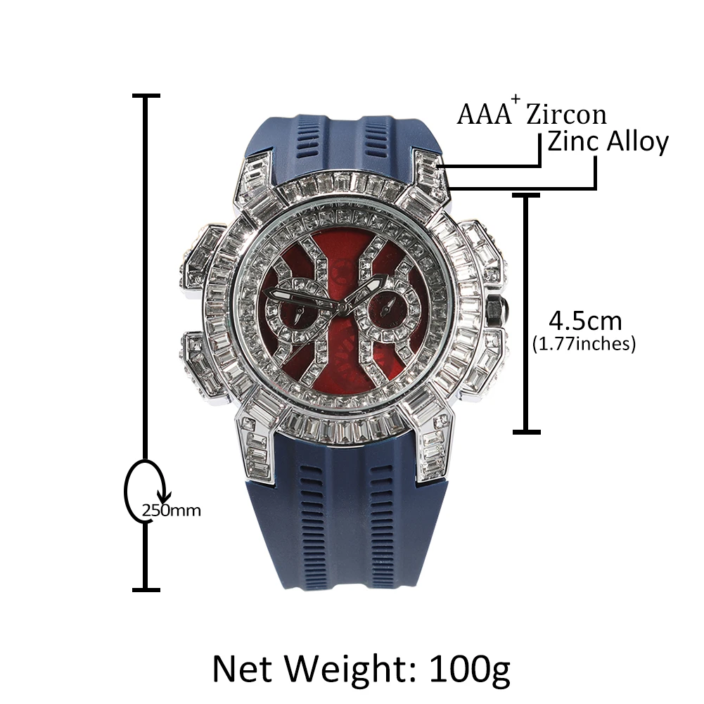 Hip Hop CZ Iced Out Round Quartz Watch For Men Stainless Steel Sports Waterproof Type Fashion Red Dial Plate Anniversary Gift