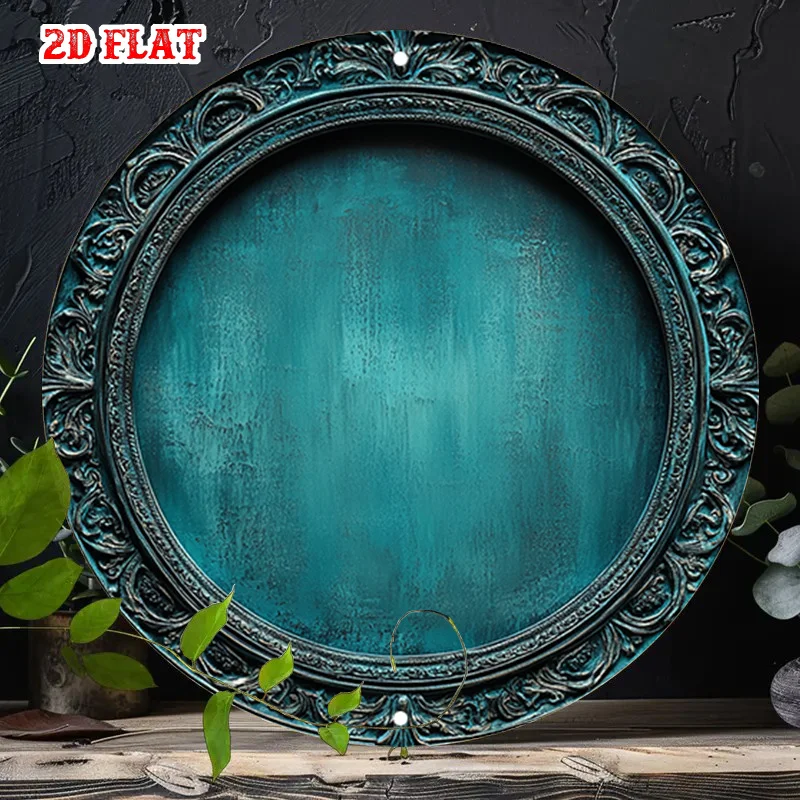 2D Flat 1pc Rustic Featuring Distressed Silvery Frame On Rustic Teal Wall Round Photo Print for Artistic Beach House Backyard