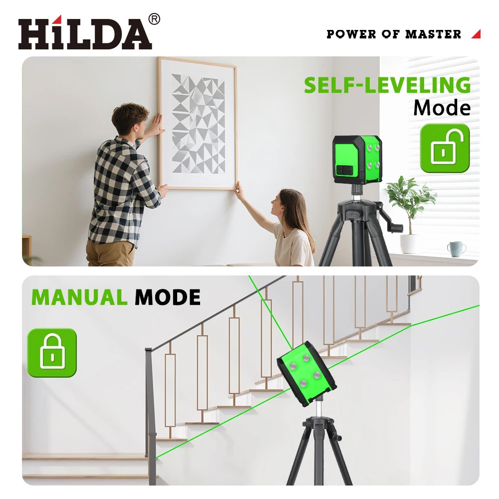 HILDA Laser Level 2 Linien selbstnivellierender Laser mit grünen Strahlen, horizontale und vertikale Kreuzlinie mit 1 m Stativ zum Aufhängen von Bildern – Detail 8