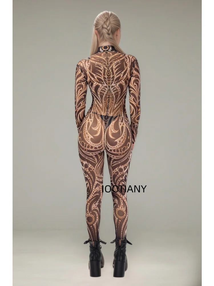 Luxuriöser Goldener Spiralblumen-Galaxie-Print Mesh-Bodysuit für Damen Sexy Cosplay Catsuit Rave Club Nachtclub Festival Mode-Jumpsuit – Detail 7