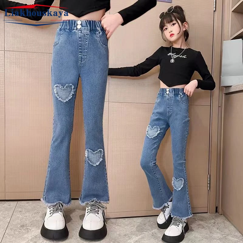 

High Quality Children Girls Denim Pants Teenage Clothes Elastic Denim Wide Leg Pants Spring Kids Trousers Casual Style Jeans