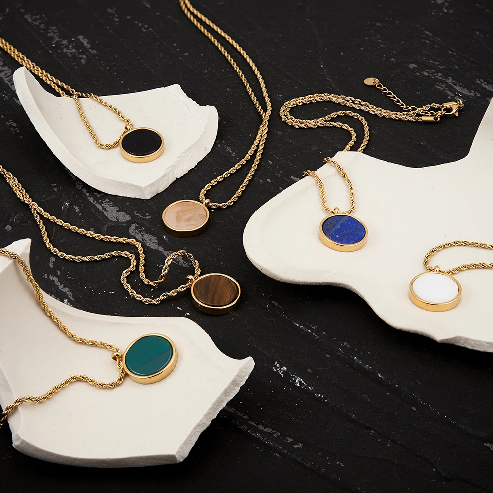 ENFASHION Collares Para Mujer Natural Stone Disk Pendant Necklace For Women\'s Stainless Steel Fashion Gold Color Jewelry P243439