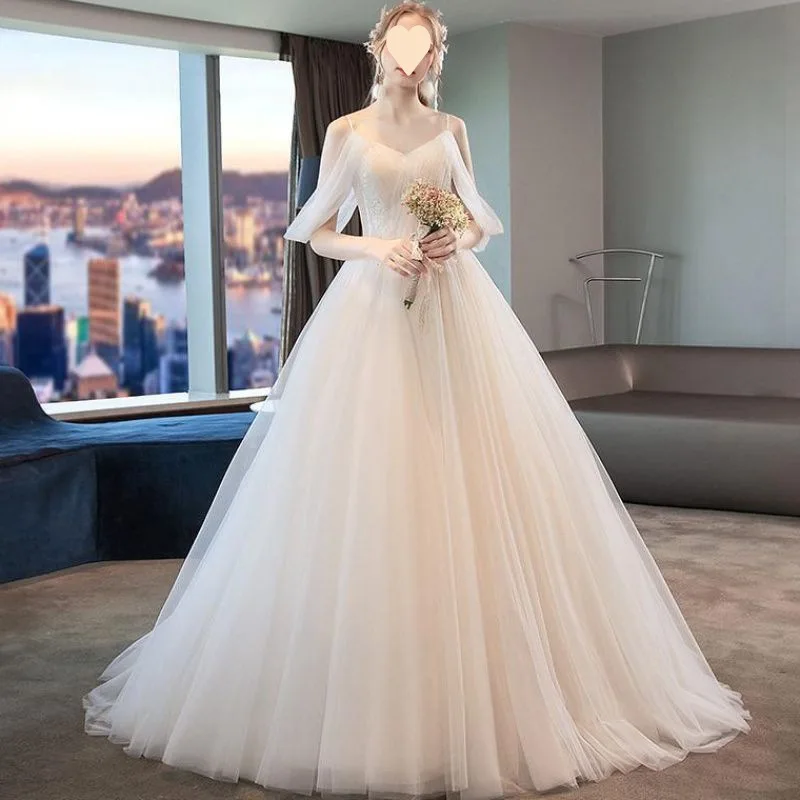 Gaun pengantin Vintage gaya Korea, gaun pesta dansa Off The Shoulder leher kapal Satin sederhana ukuran besar