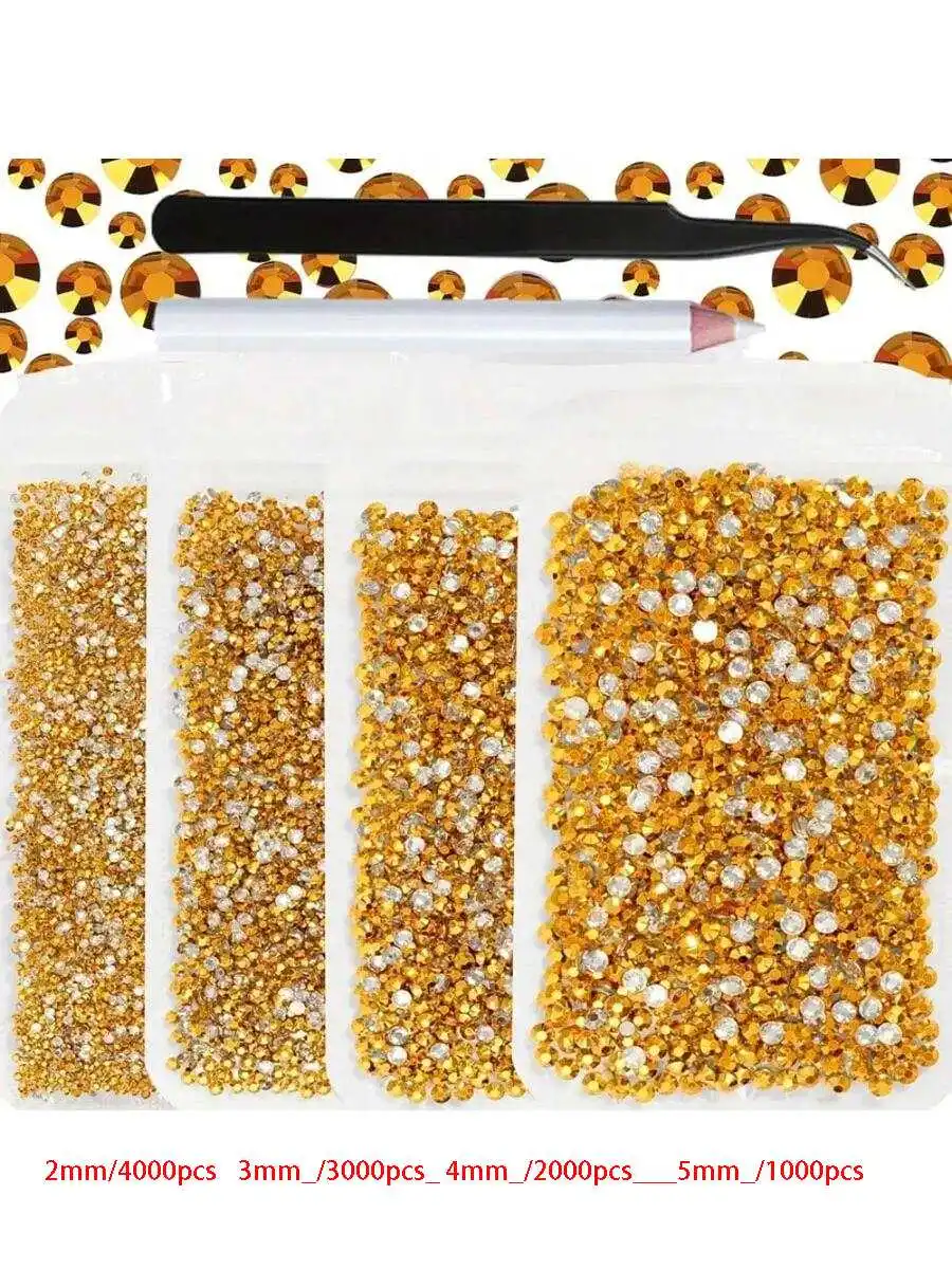 鮮やかなラインストーンの4袋セット、サイズは2mm、3mm、4mm、5mm、合計10000個、ピックとピンセット付き、ホットフィックスではありません。