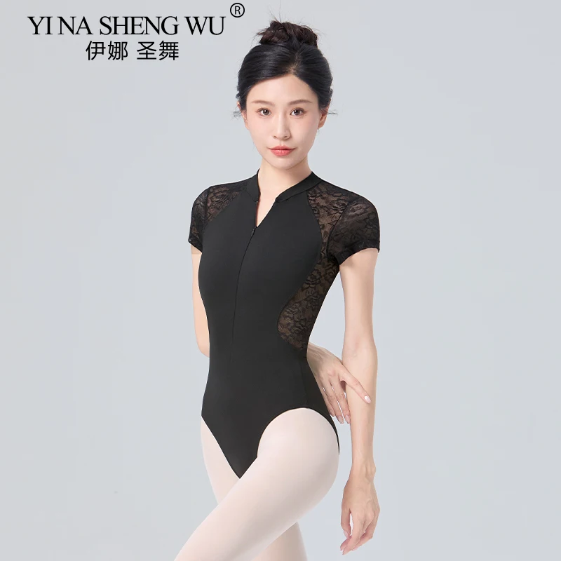 Corsetto da balletto a maniche corte da donna con cerniera, collo alto, tuta da ginnastica senza schienale, costume da balletto in pizzo nero per adulti