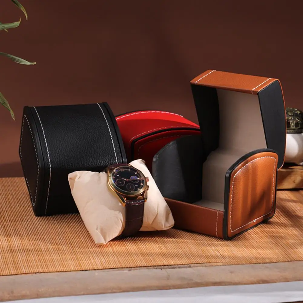 Single Watch Box with Curved Flip Lid Soft Interior Lining Watch Holder, Waterproof PU Leather Box for Luxury Timepiece Storage