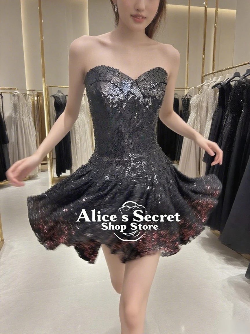 

Black Sequin Strapless Dress Sweetheart Neckline Flared Skirt Gradient Sparkle For Women Evening Dress Customized