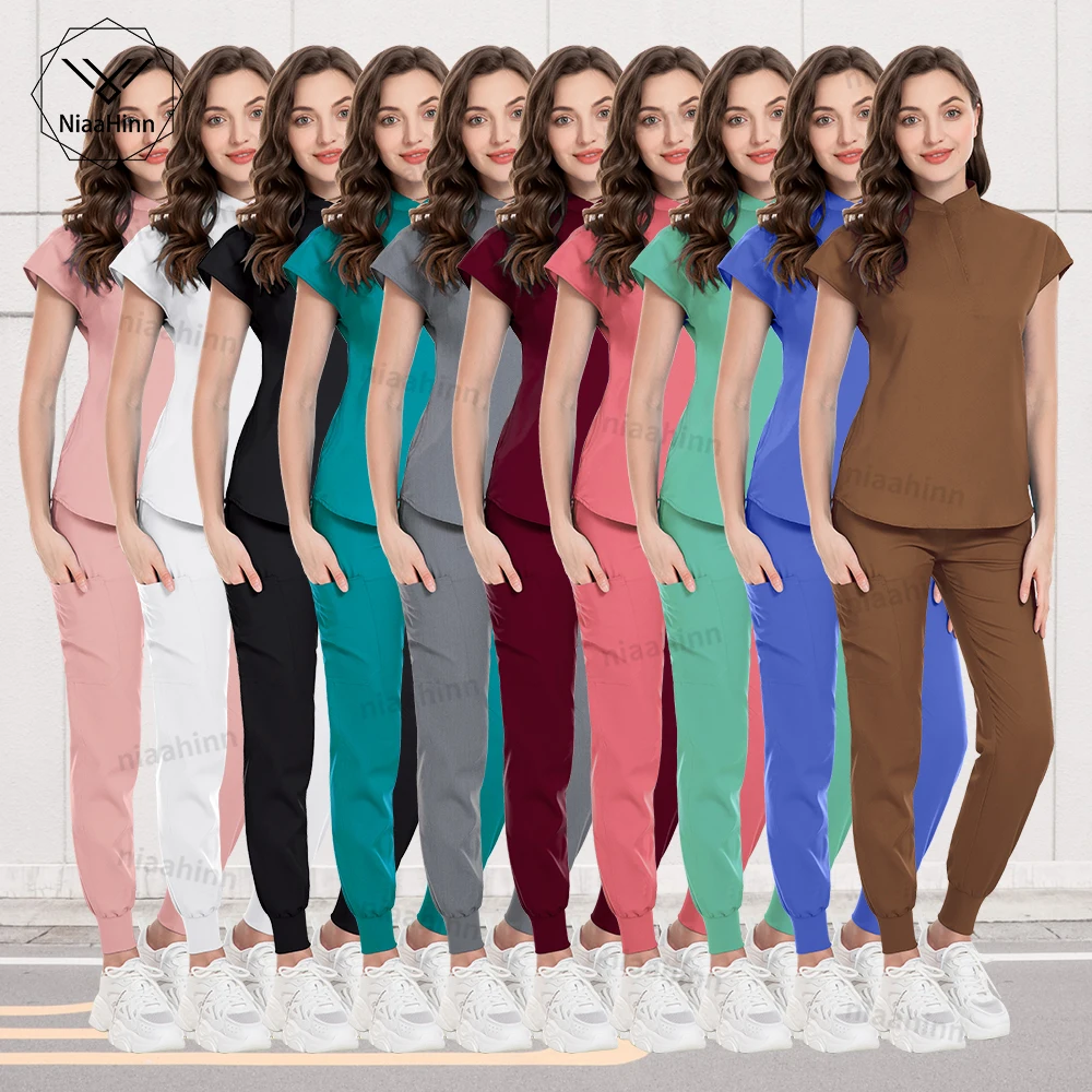 Niaahinn Nurse Uniforms Sets Wholesale Doctor Nurses Dental Hospital Uniform Sets Top Jogger Pants Scrubs Suits 16 Colors Scrubs