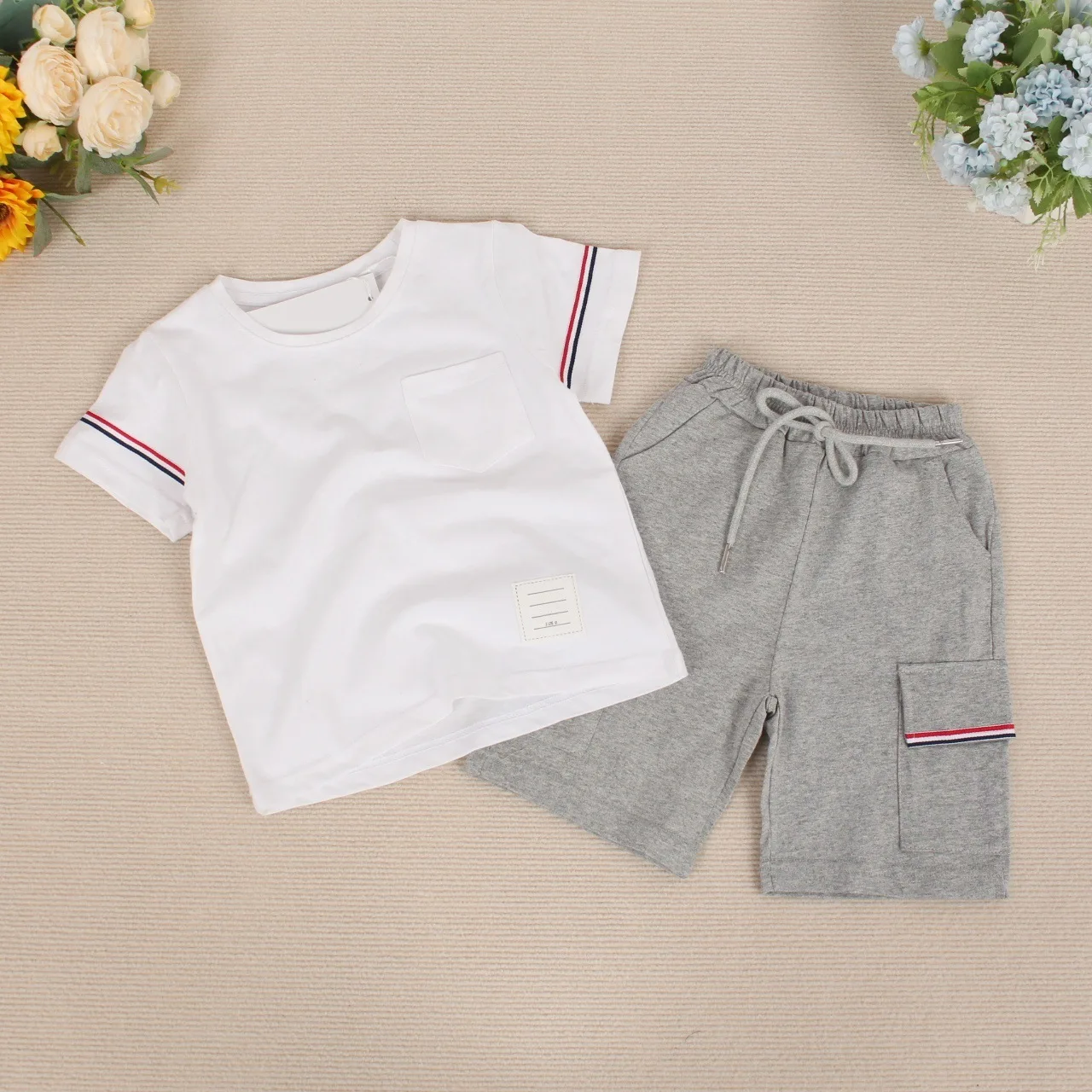 2024 summer children's short-sleeve suit bar knit printed casual sports suit crew-neck suit 100-160cm