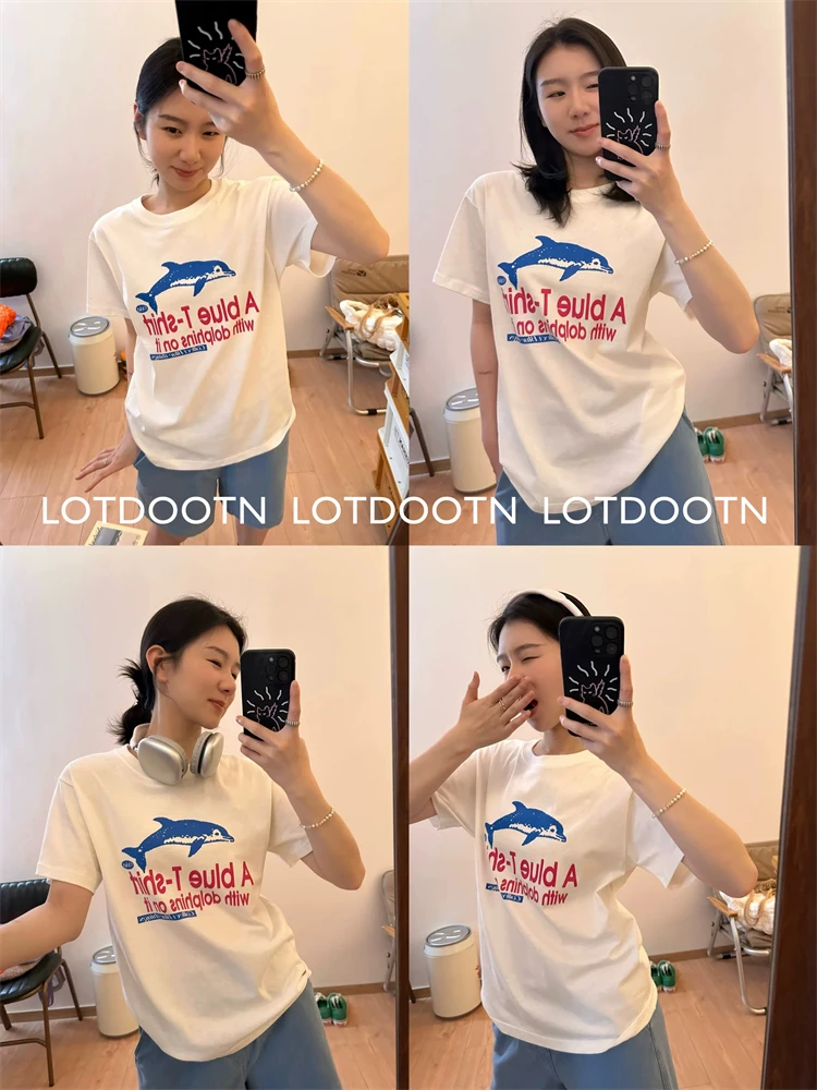 LOTDOOTN t-shirt estive Preppy Y2k in stile coreano t-shirt grafiche a maniche corte con stampa delfino da donna in puro cotone Harajuku top Casual