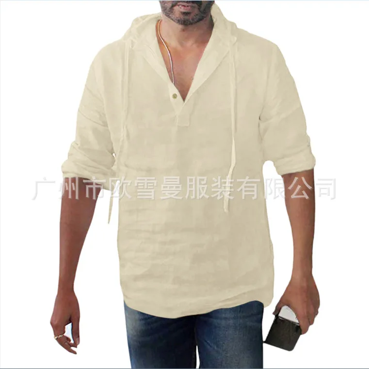 Men's Cotton and Linen Solid Color Hooded Long Sleeved Shirt