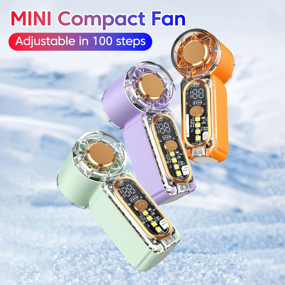 Mini Hochgeschwindigkeits-Handventilator Farbiger Typ-C Aufladbarer Tragbarer Taschenventilator mit Digitalanzeige und LED-Licht für Outdoor und Sommer
