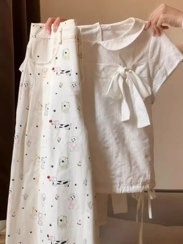 Coréen Sle collège doux dessin animé chien monde imprimer blanc jambe large jean été polyvalent taille haute pantalons longs décontracté Faion