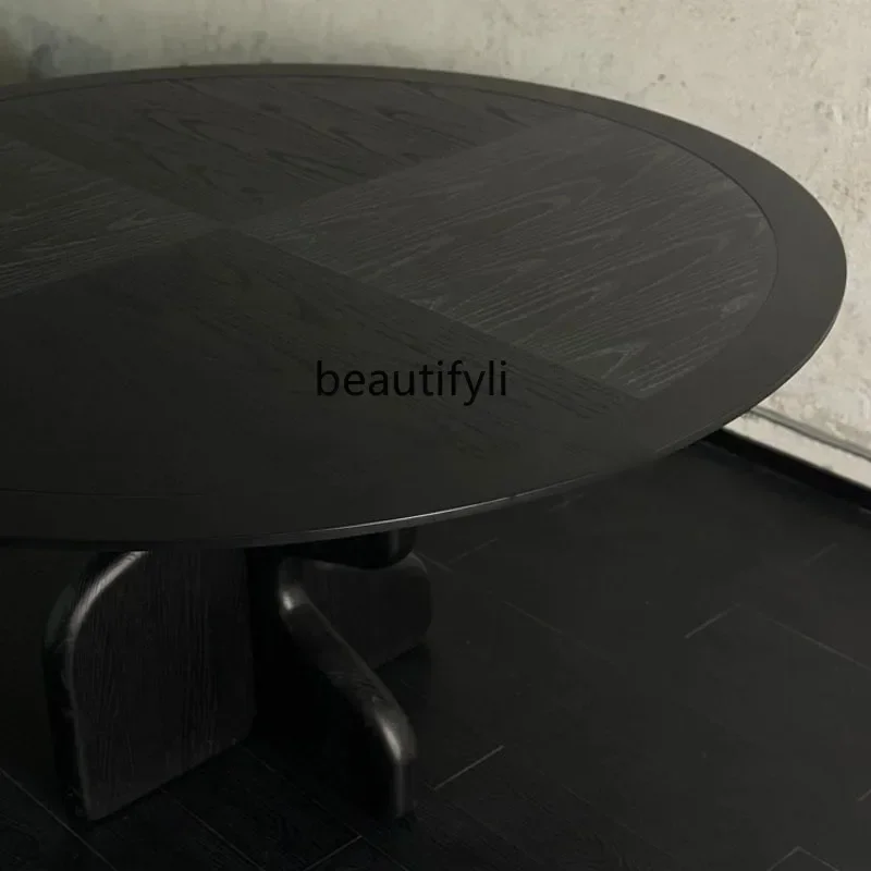 

Medieval designer creative round solid wood dining table wabi sabi wind high-end round table