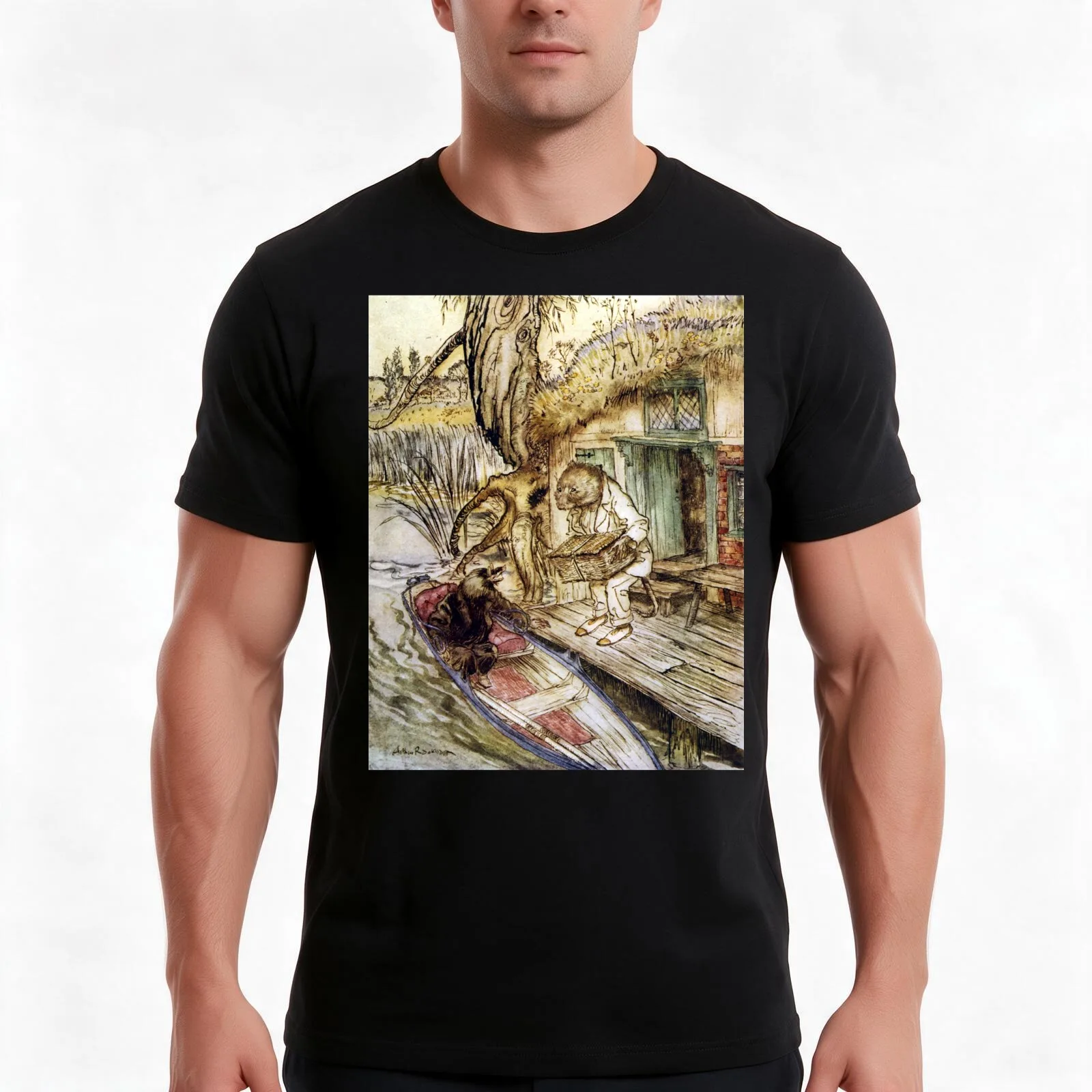 Ratty and Mole on the Riverbank - Wind in the Willows, Arthur Rackham T-Shirt, Summer Casual Cotton Tee, Vintage Graphic Print