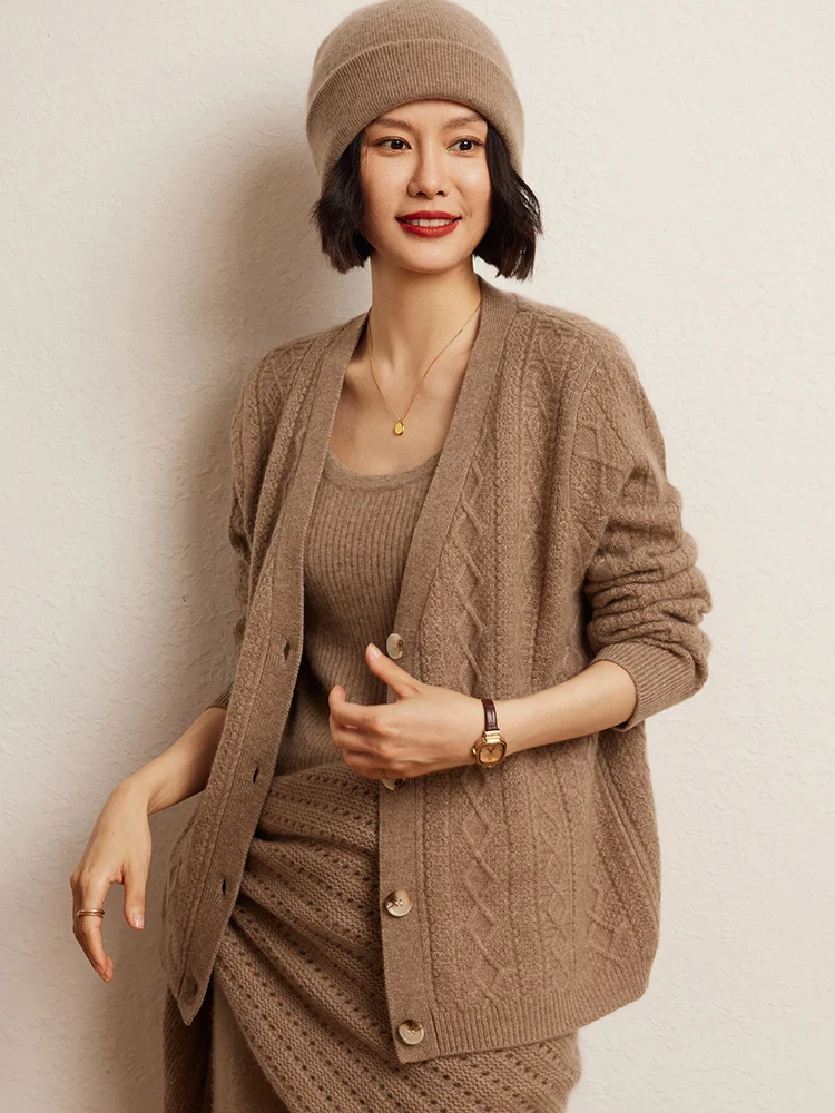 Luxury  Women Cardigan 100% Cashmere Sweater Coat V Neck Buttoned Knitwear Thick Warm Jacket Popular Female Tops Clothing