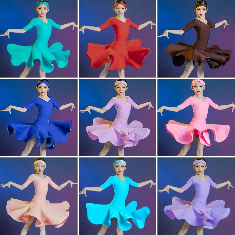 

Модный костюм для латинских танцев с короткими рукавами, детская одежда для бальных танцев по национальному стандарту, платье для латинских танцев для девочек SL15080